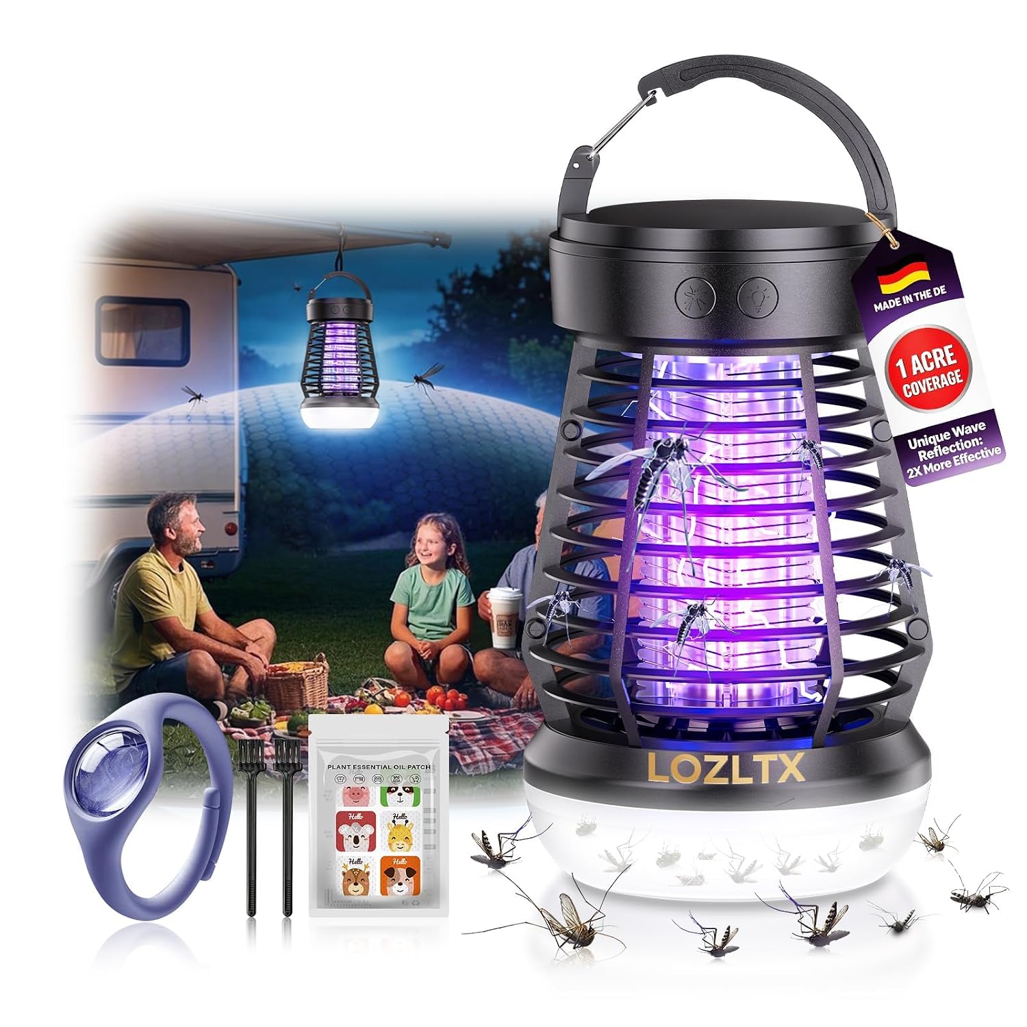Lozltx Ultra-Quiet Cordless Fly Zapper (Dual-Band UV) shown from the front